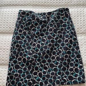 Ann Taylor Black Skirt with Blue and White Circle Pattern